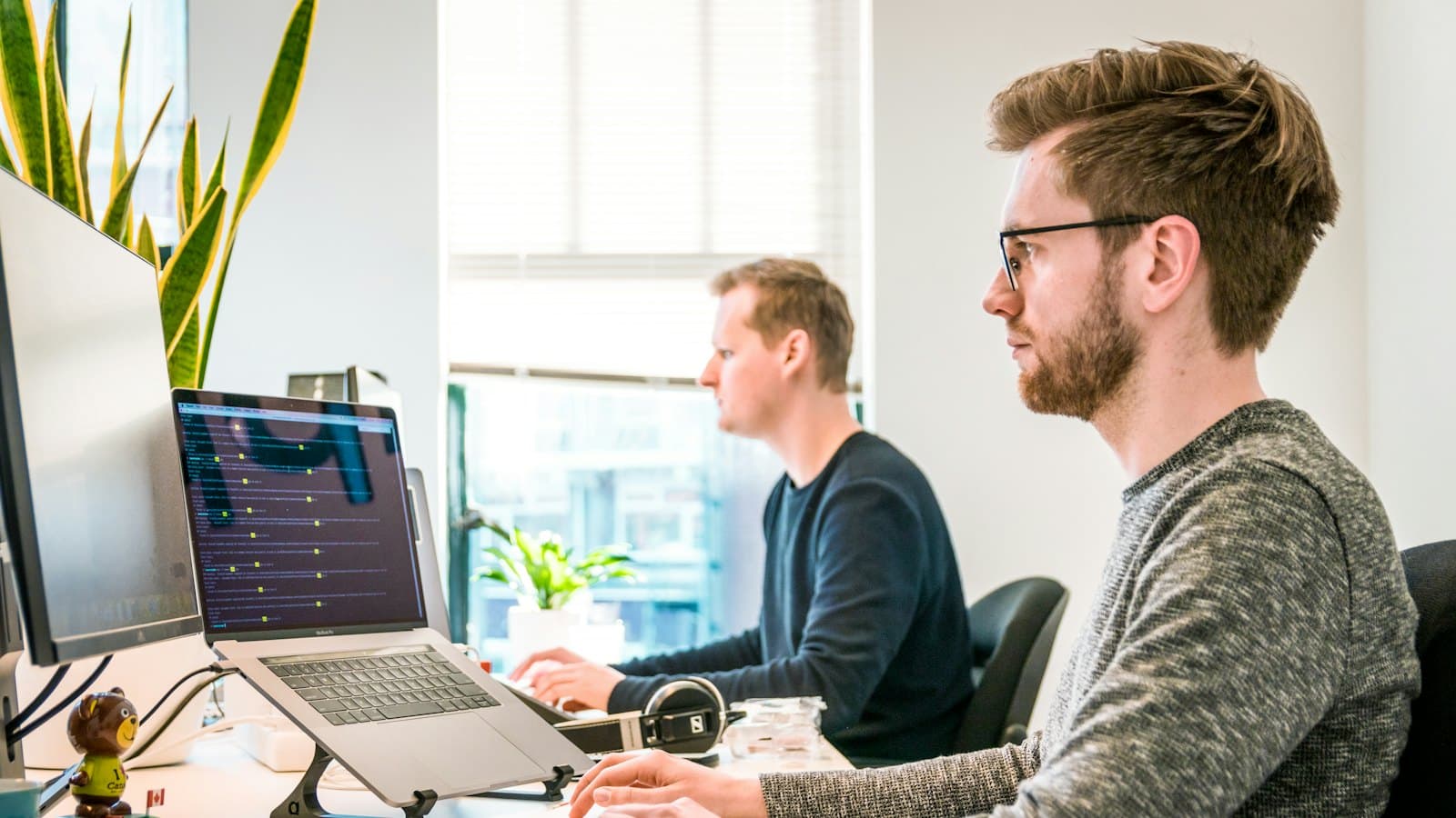 Two software professionals working at their desks in a bright office