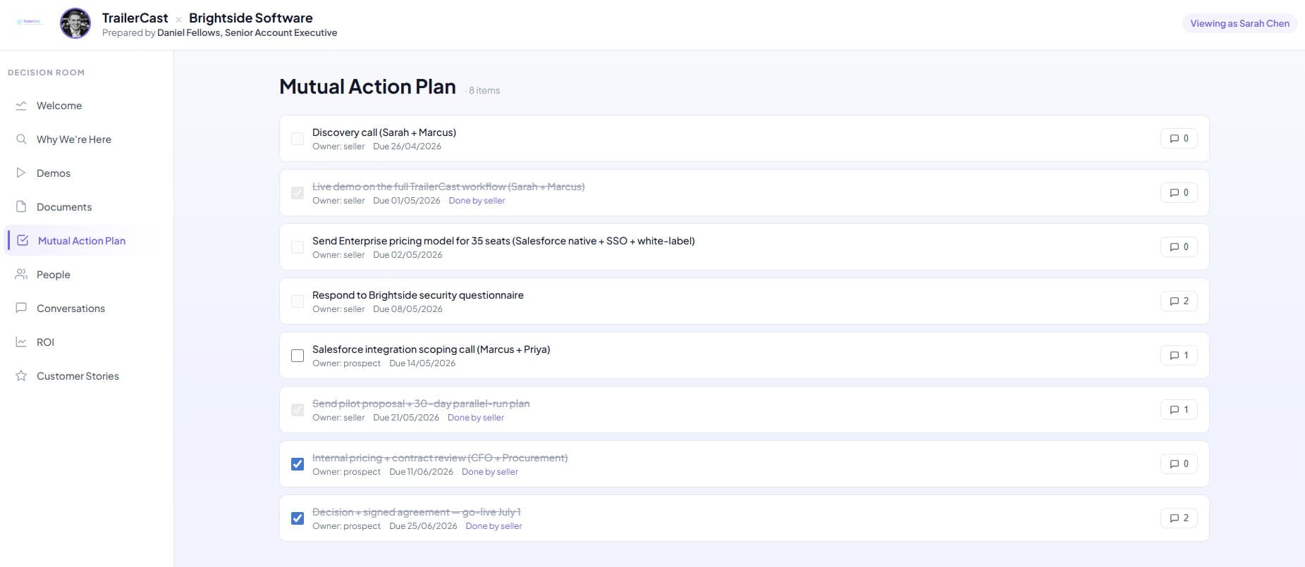 Decision Room Mutual Action Plan with shared check-offs across seller and prospect plus inline comments per action item