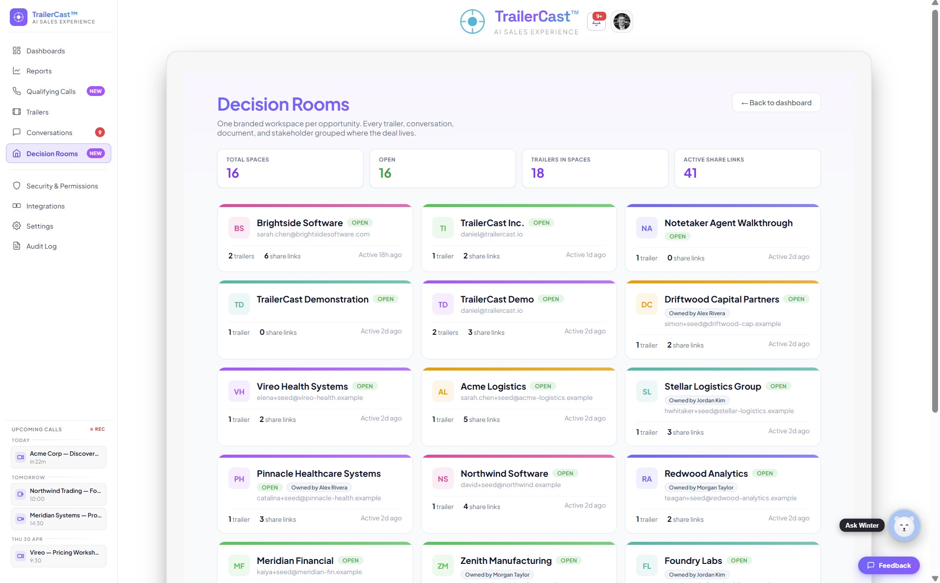 Decision Room overview with branded header, sidebar nav for the 9 sections, demo trailer up top, mutual action plan and engagement panel below.