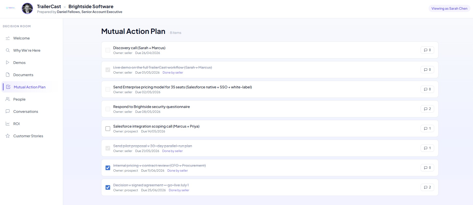 Decision Room MAP and conversation thread, with shared check-offs across seller and prospect plus inline comments per action item.